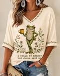 First of All,Jesus Thinks I'm A Delight Print V-neck Loose T-shirt