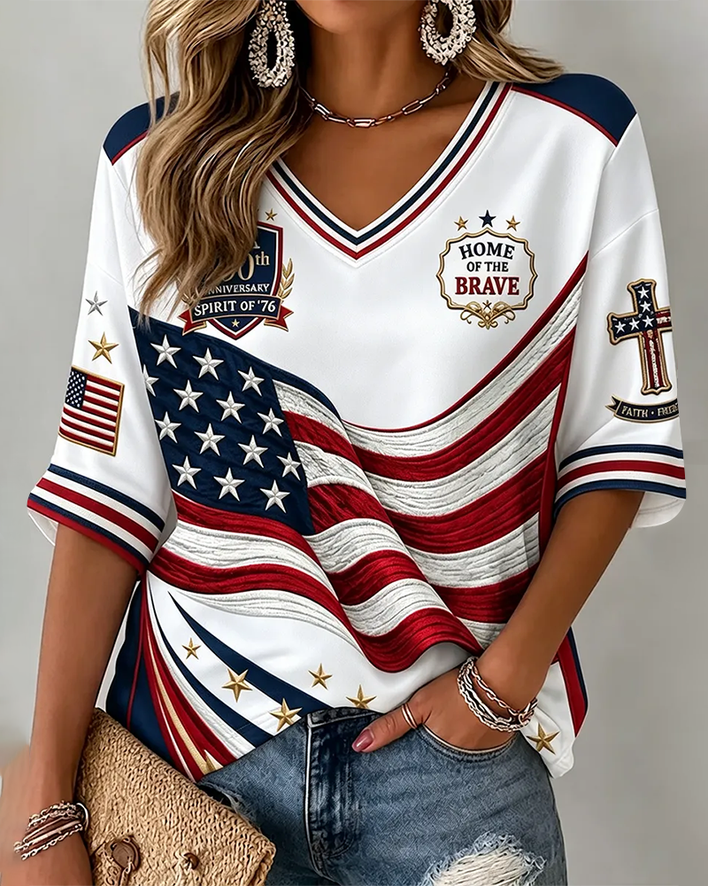 God Bless America Print T-Shirt V-neck loose T-shirt