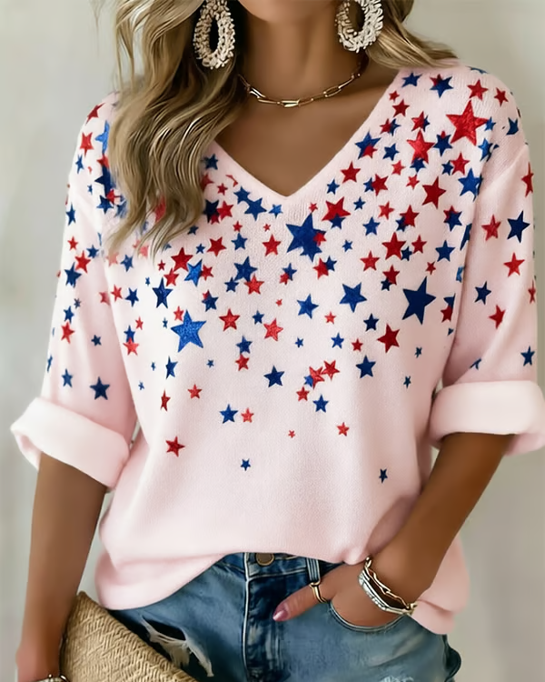 250th Anniversary Star Print V-neck Half Sleeved Loose Top