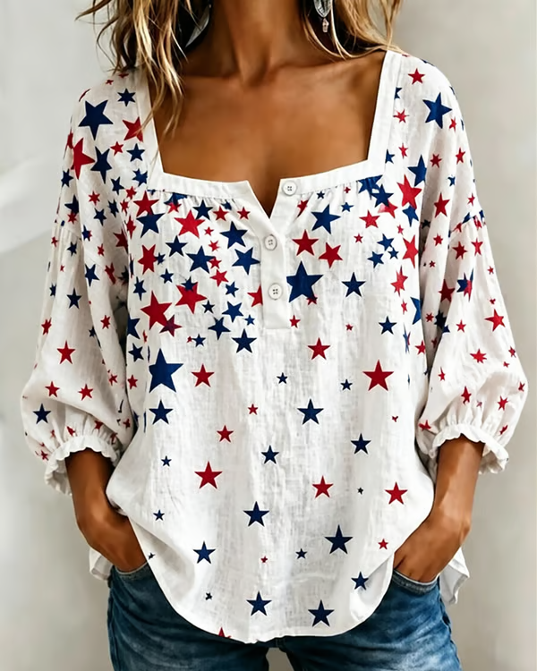 250th Anniversary Star Print Square Neck Casual Blouse