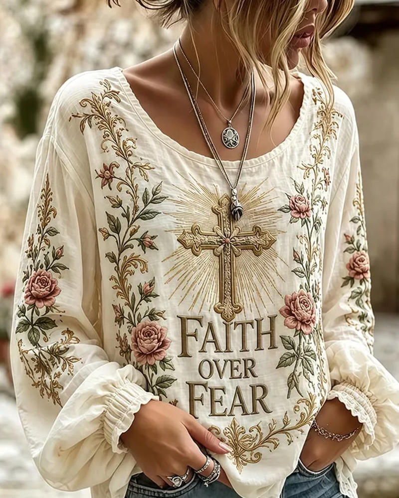 Faith Over Fear Print Round Neck Puff Sleeves Blouse