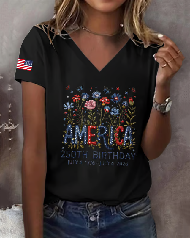 100% Cotton Women's America 250th Birthday Print V-neck Short Sleeve Tshirt
