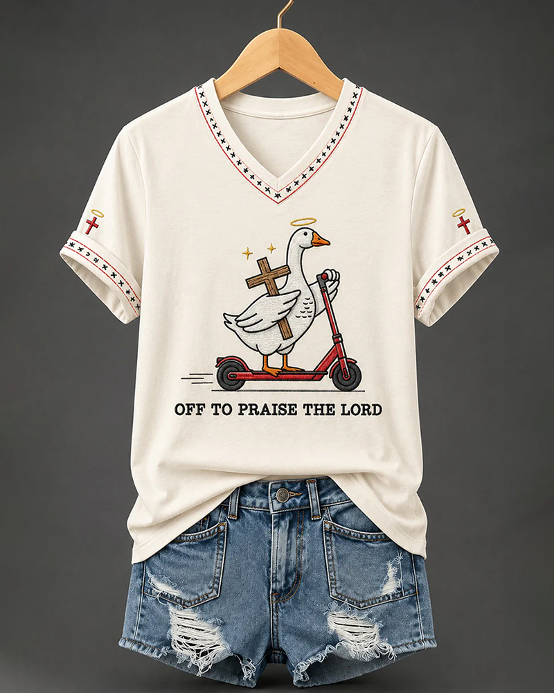 Women's Christian Fun Goose Cross Print V-neck Short Sleeve Tshirt