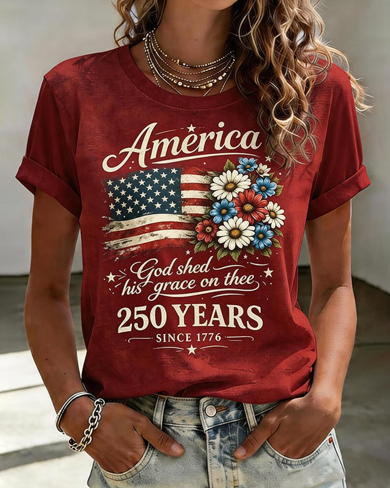 100% Cotton Flag Floral Faith Print Crew Neck Short Sleeve Tshirt