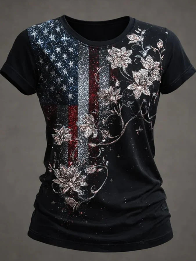American Flag Silver Flower Rhinestone Print Black Round Neck Short Sleeve T-Shirt