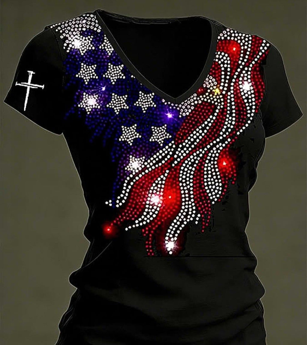 American Flag Star Striped Rhinestone Wings Printed Black V-Neck Short Sleeve Tee