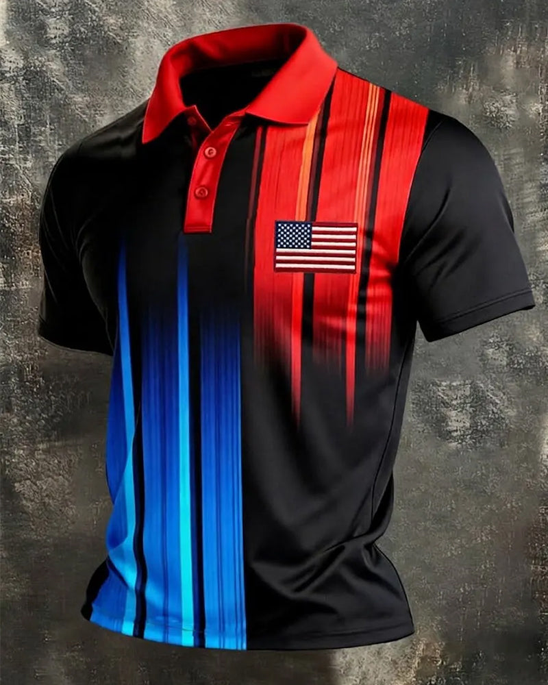 Red And Blue Vertical Stripe Gradient Flag-Print Polo Shirt