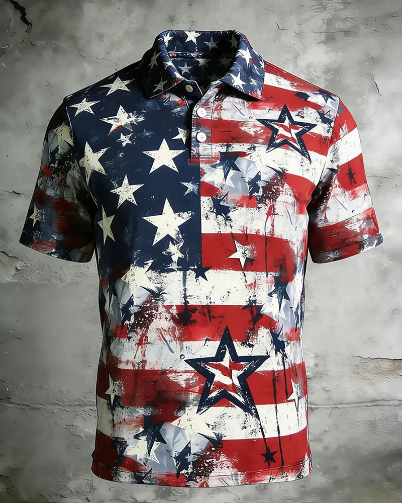Staged Splash-Ink Stars And Stripes Star-Print Casual Polo