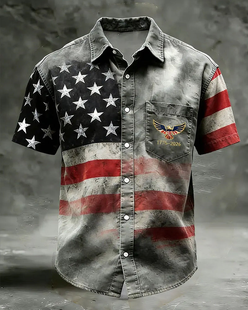 Retro Distressed American Flag 1776-2026 Printed Short Sleeve Shirt