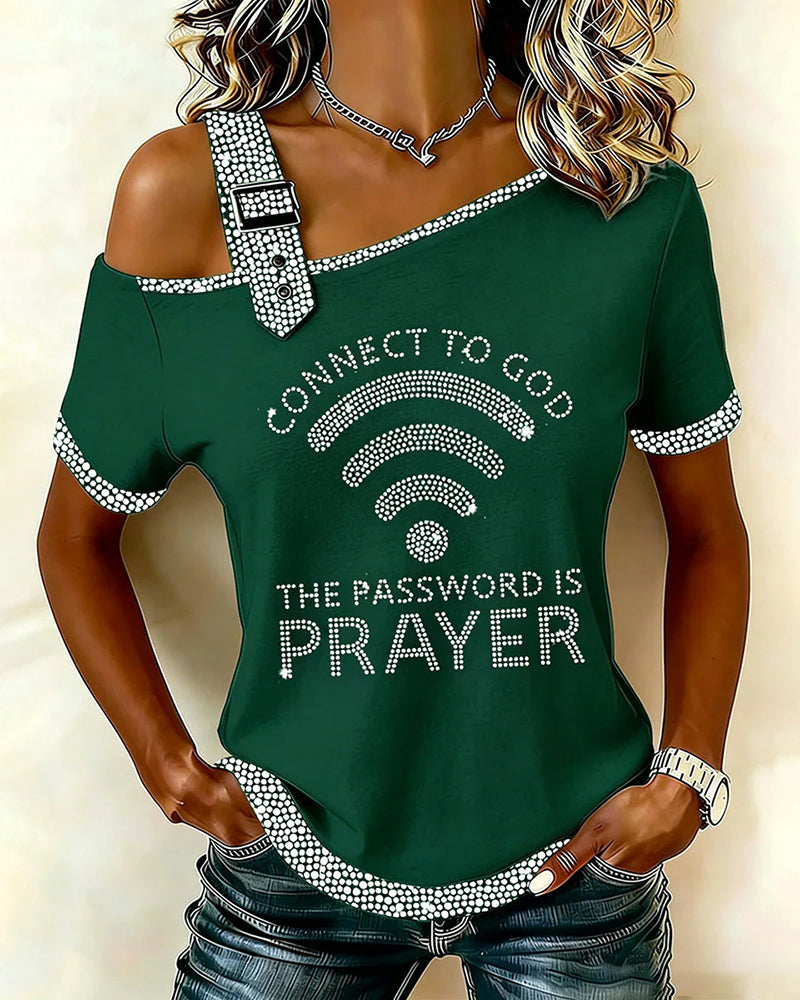 WiFi Alphabet Slogan Open-Shoulder Short-Sleeve Tee