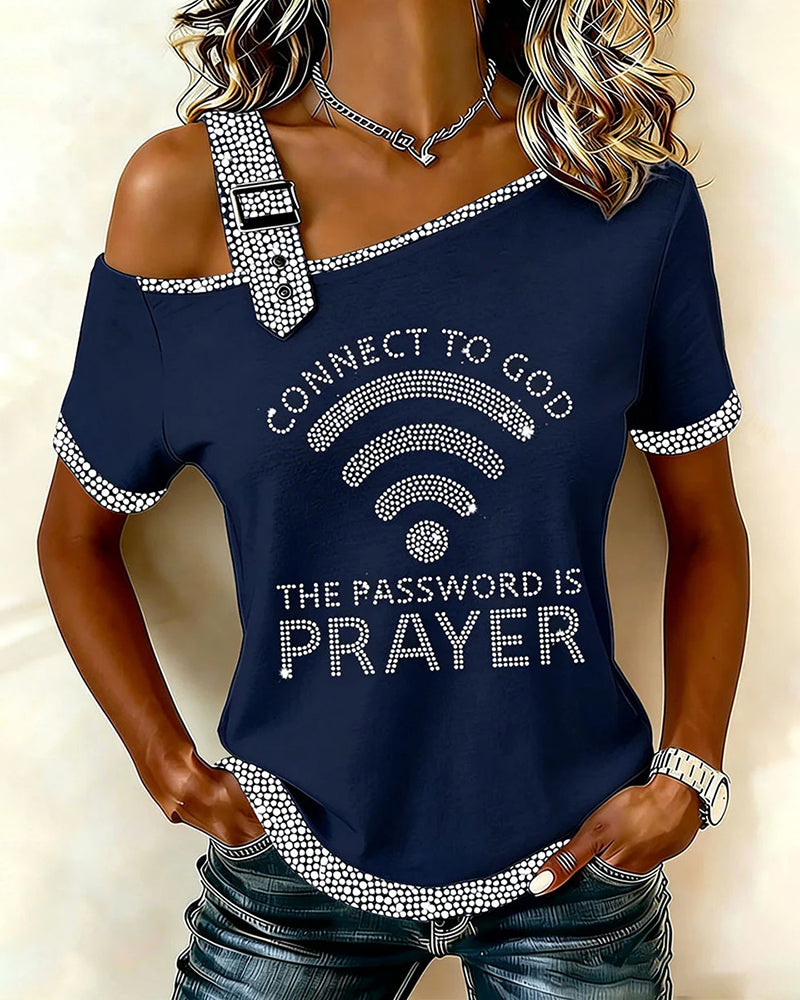 WiFi Alphabet Slogan Open-Shoulder Short-Sleeve Tee