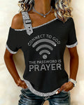 WiFi Alphabet Slogan Open-Shoulder Short-Sleeve Tee