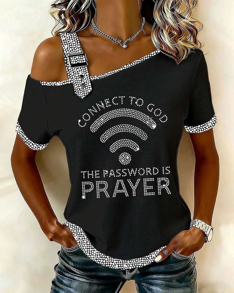 WiFi Alphabet Slogan Open-Shoulder Short-Sleeve Tee