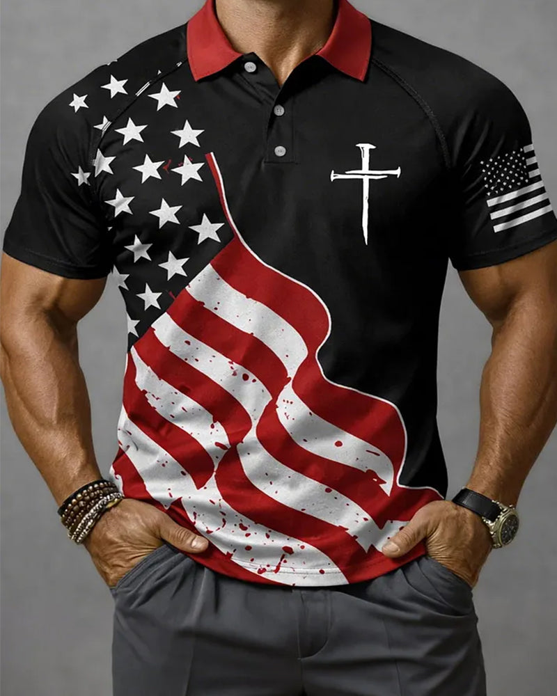 American Style Splash Ink Flag Cross Print Casual Polo Shirt