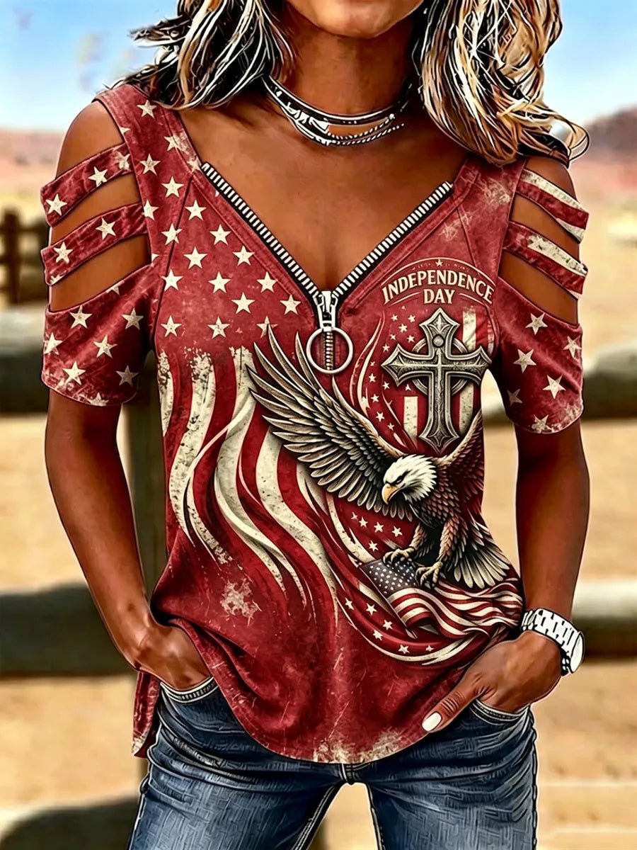American-style Eagle Flag Cross Printed Zipper V-Neck Shoulder Short Sleeve Tee
