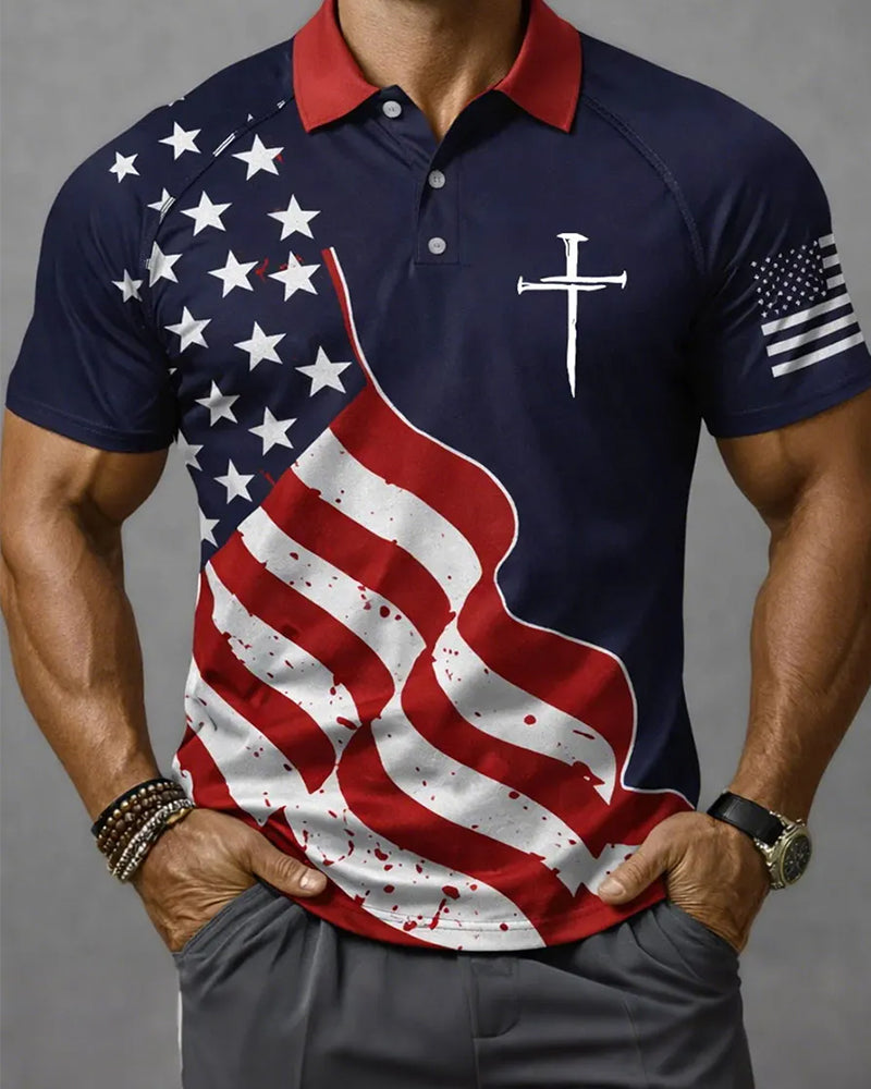 American Style Splash Ink Flag Cross Print Casual Polo Shirt