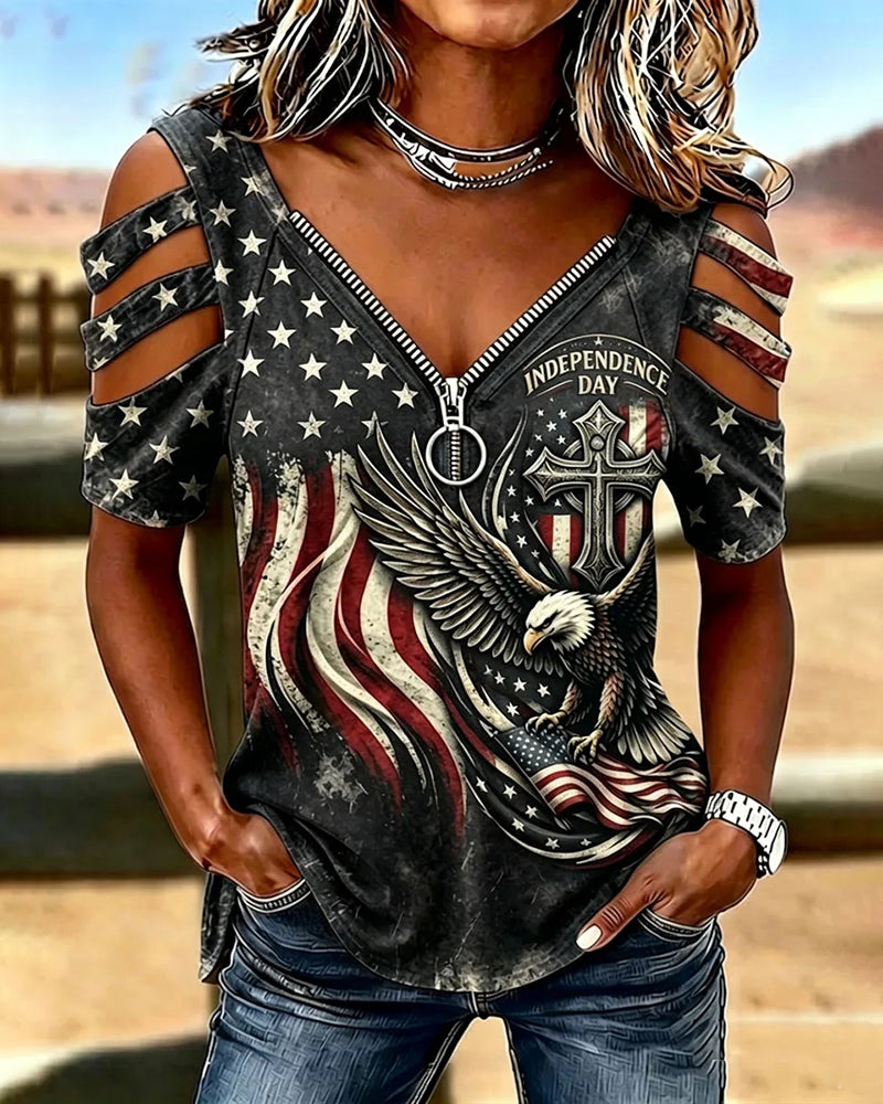 American-style Eagle Flag Cross Printed Zipper V-Neck Shoulder Short Sleeve Tee