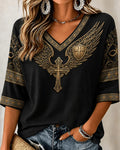 Vintage Wings Shield Cross Printed V-Neck Sleeve Casual Top