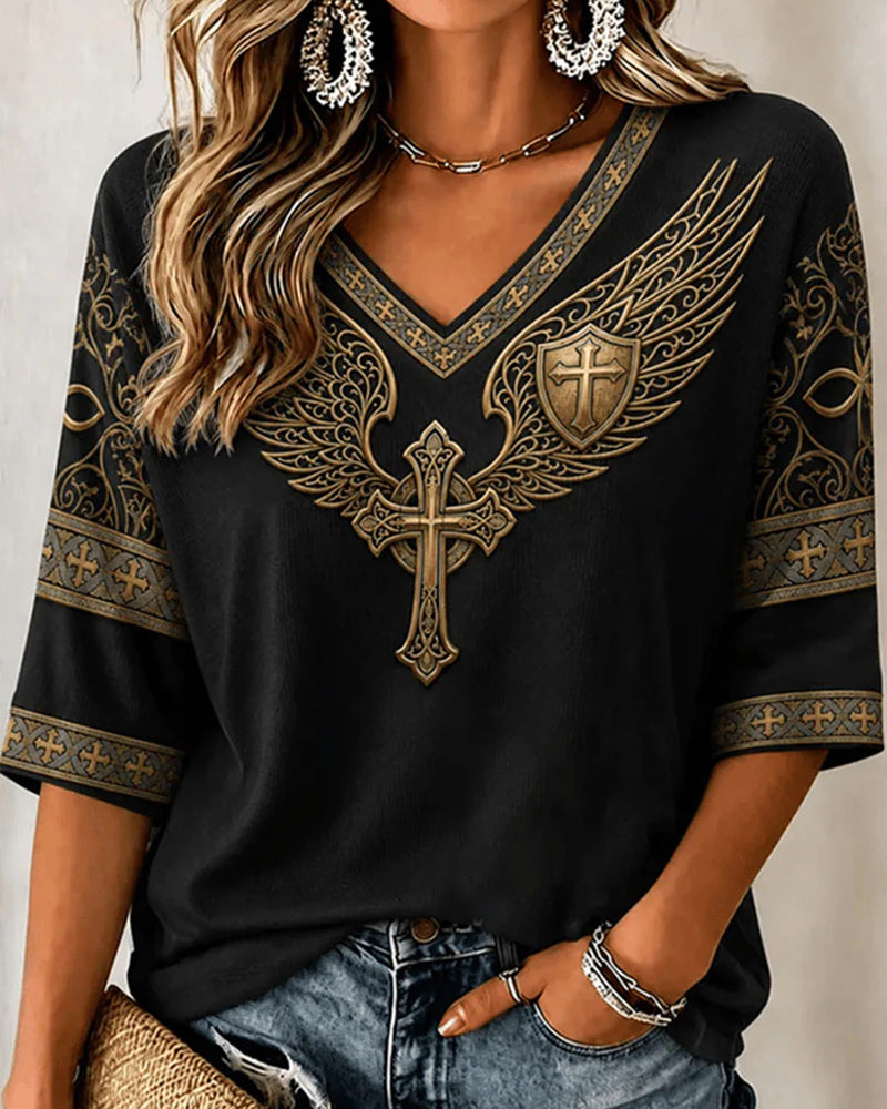 Vintage Wings Shield Cross Printed V-Neck Sleeve Casual Top