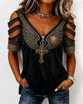 Wings Shield Cross Pattern Zipper V-Neck Open-Shoulder Short-Sleeve T-Shirt