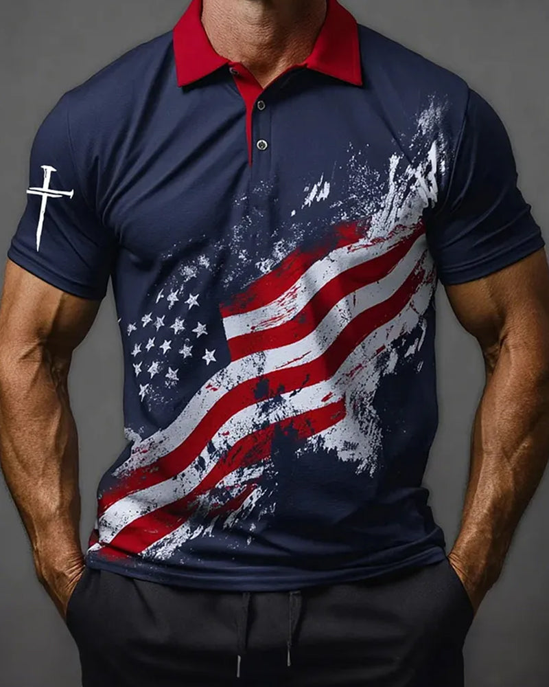 American-style Distressed Splash Ink Flag Cross Print Polo Shirt