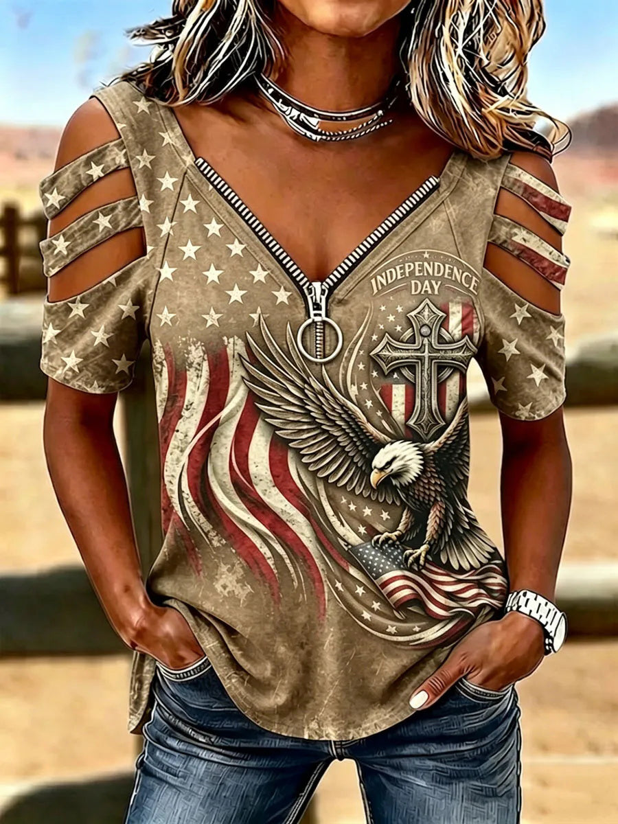 American-style Eagle Flag Cross Printed Zipper V-Neck Shoulder Short Sleeve Tee