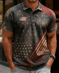 Retro Distressed Star-Spangled Banner Patchwork Printed Casual Polo Shirt