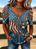American-style Eagle Flag Cross Printed Zipper V-Neck Shoulder Short Sleeve Tee