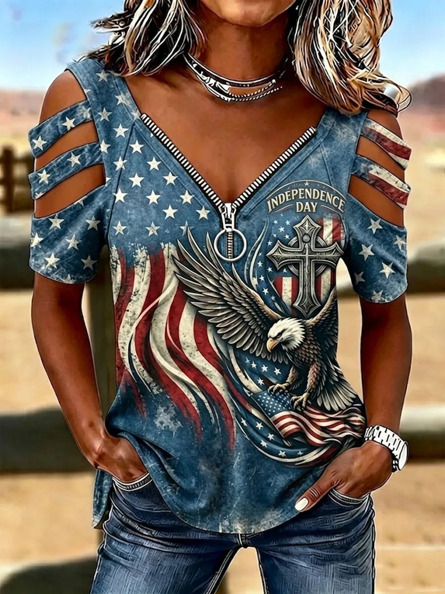 American-style Eagle Flag Cross Printed Zipper V-Neck Shoulder Short Sleeve Tee