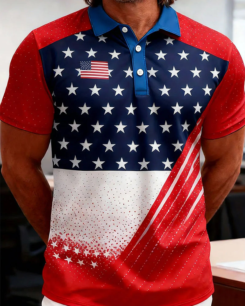 Three-Color Stars And Stripes Splash-Ink Printed Polo Shirt