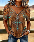 Retro Brown-soled Turquoise And Diamond-encrusted Cross-Print Zip V-Neck Cropped Top