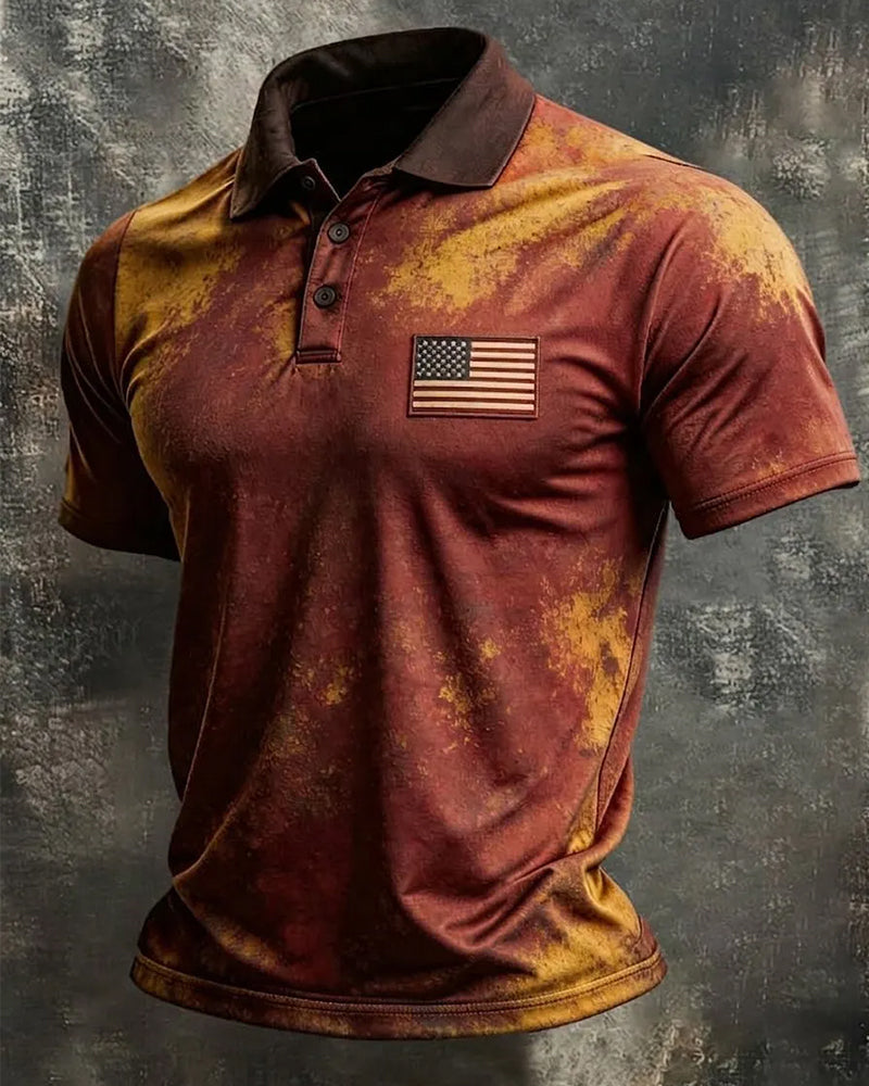 Vintage Distressed Flag Label Casual Polo Shirt