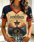 Contrast Color Stitching Grave Cross Landscape IT IS FINISHED Verses Print Women V-Neck Short Sleeve T-Shirt