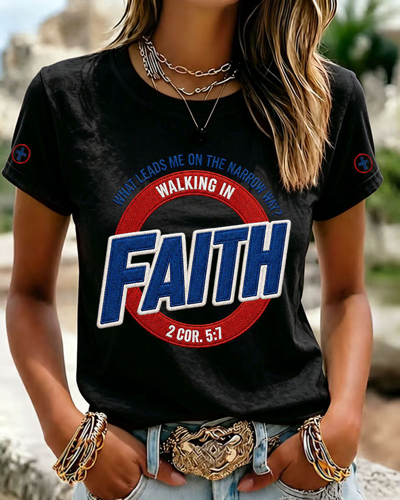 100% Cotton Walking In Faith Print Crew Neck Short Sleeve Tshirt