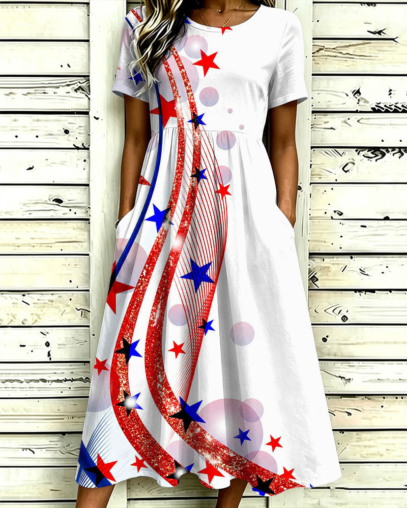 Abstract Wave-striped Stars Print Pocket Casual Dress