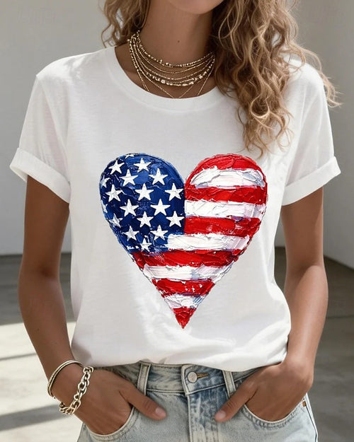 100% Cotton National Flag Heart Crew Neck Short Sleeve Tshirt