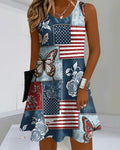 National Flag Butterfly Print Round Neck Sleeveless Mini Casual Dress