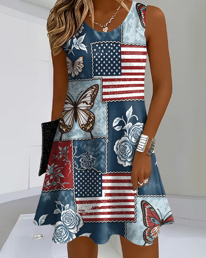 National Flag Butterfly Print Round Neck Sleeveless Mini Casual Dress