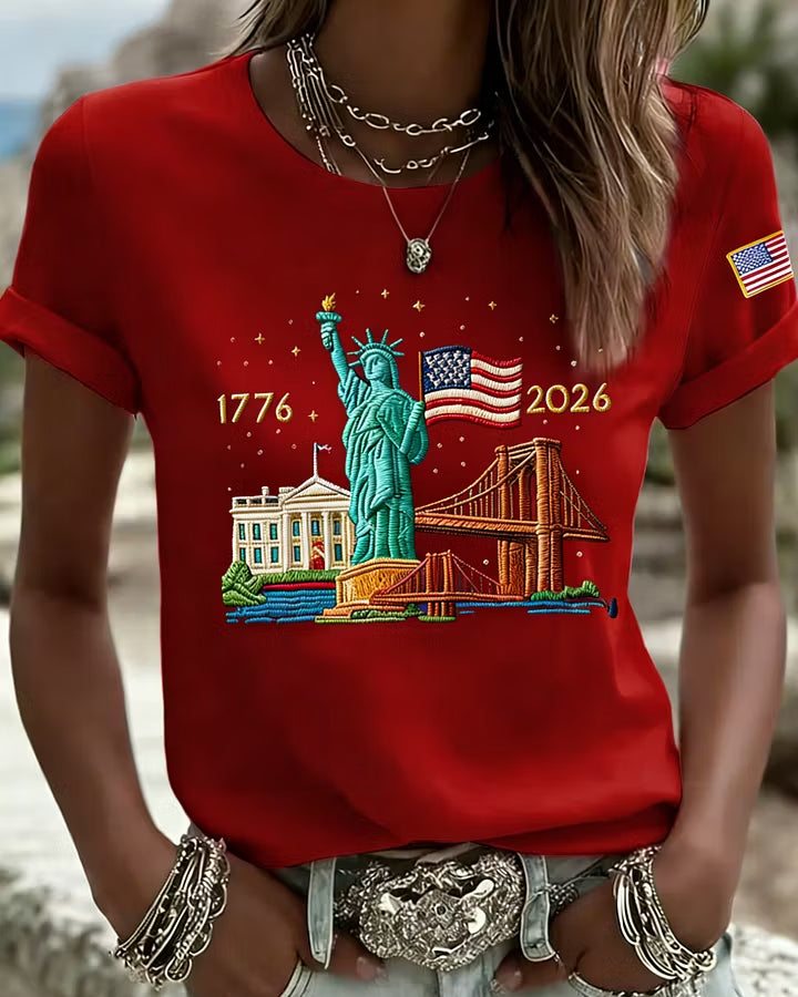 100% Cotton 250th Anniversary Statue of Liberty Print Crew Neck Short Sleeve Tshirt