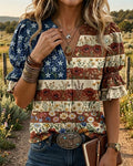 Bohemian Floral Flag Print V-neck Puff Sleeve Ruffle Shirt