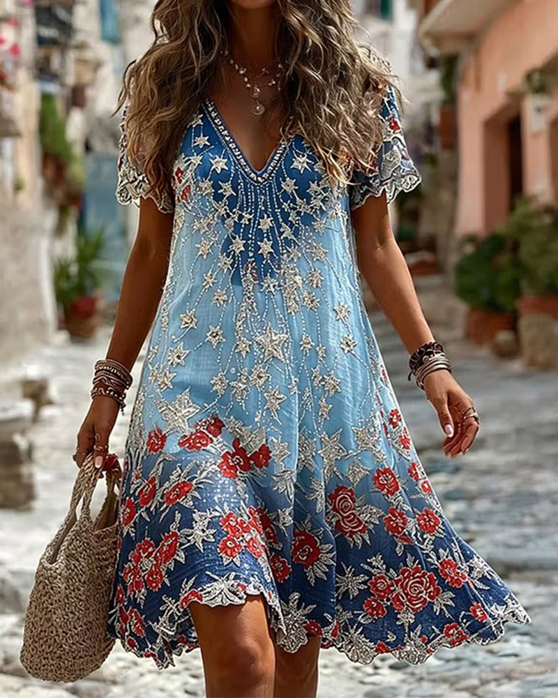 Gradient Star Fireworks Rose Floral Print V-Neck Short Sleeve Dress