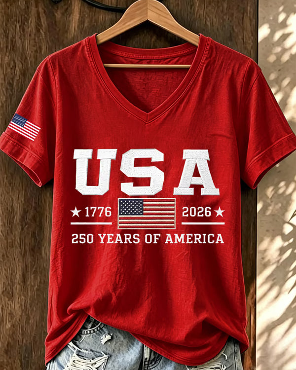 100% Cotton 250 Years of America V Neck Short Sleeve Tshirt