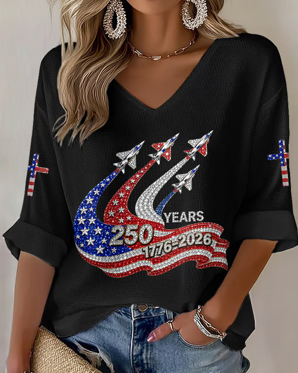 Women's American 250th Anniversary Cotton Linen Print V-neck Half Sleeved Loose Top