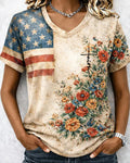 American Flag Floral Faith Cross Printed V-Neck Short Sleeve Tee