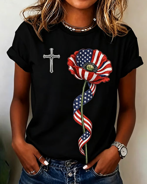 100% Cotton National Flag Morning Glory Crew Neck Short Sleeve Tshirt