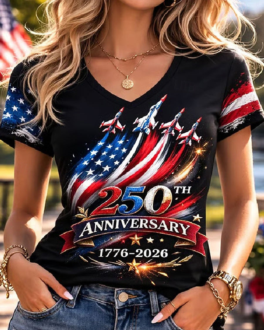 Spaceship Celebrating 250th Anniversary Print V-neck Short Sleeve Tshirt
