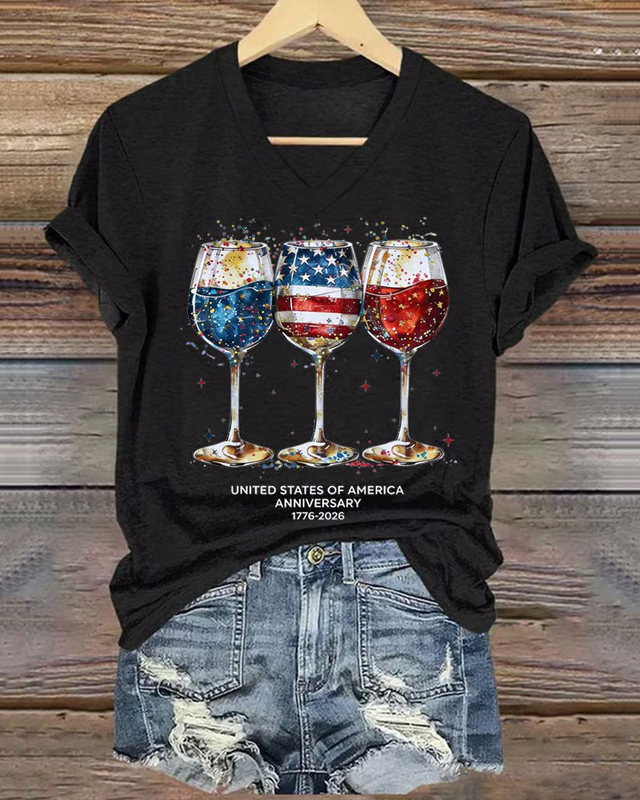 100% Cotton Women's 250th Anniversary Wine Glass Celebration V-neck Short Sleeve Tshirt