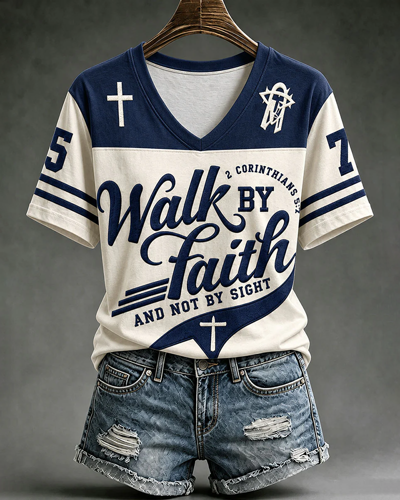 Women's Walk By Faith And Not By Sight Print V-neck Short Sleeve Tshirt