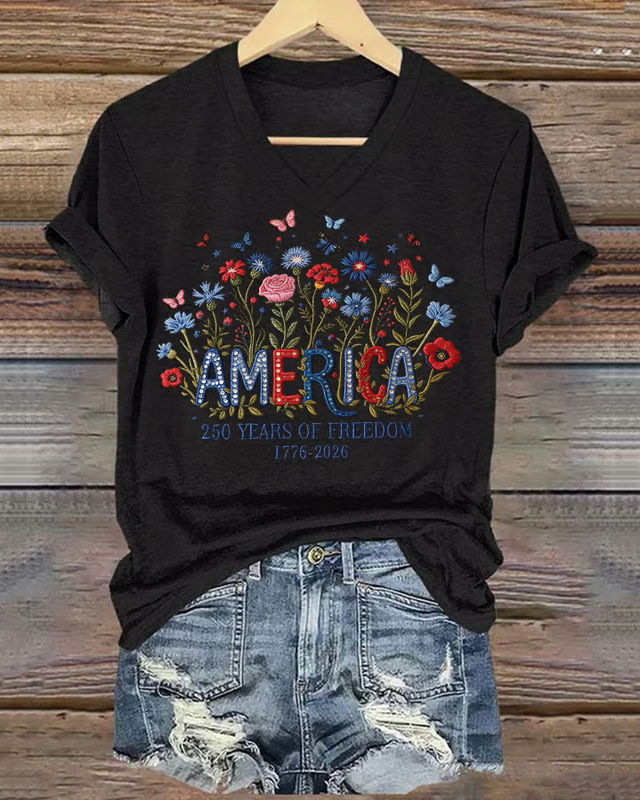 100% Cotton Women's casual retro American 250th Print V-neck Short Sleeve Tshirt