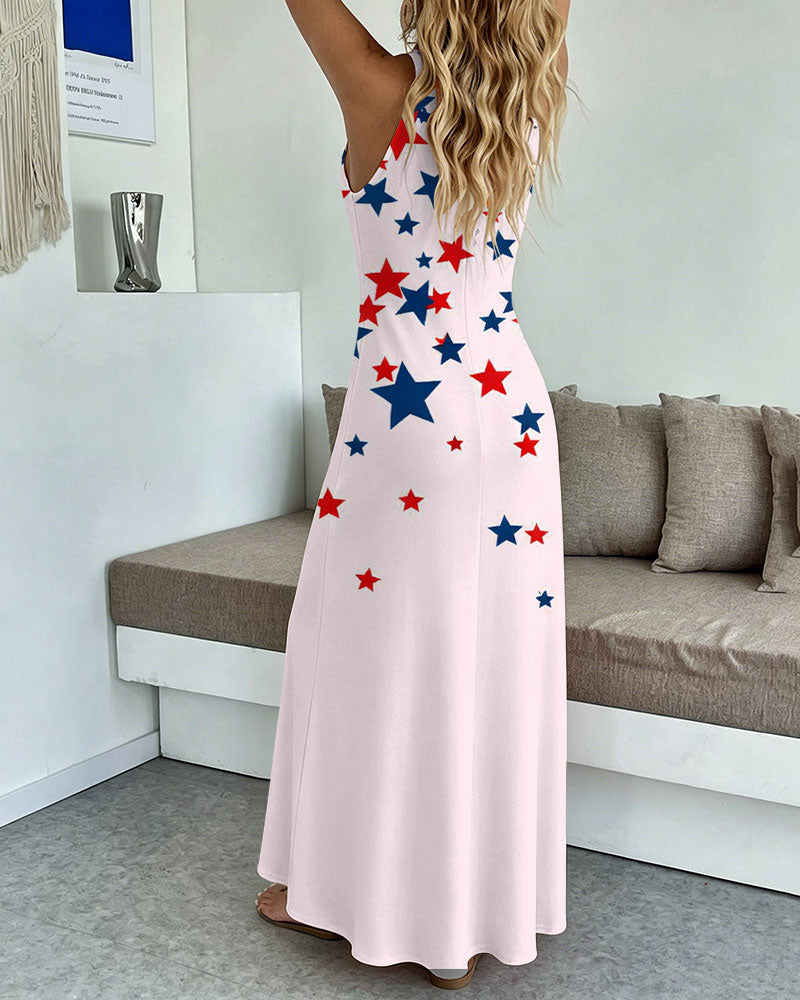 Color-block Irregular Stars Print Pocket Maxi Dress